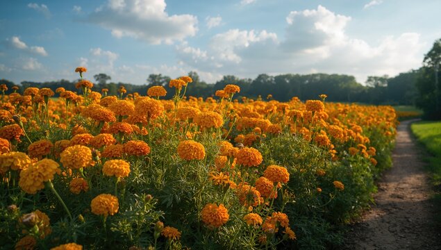 Fields of vibrant marigold flowers