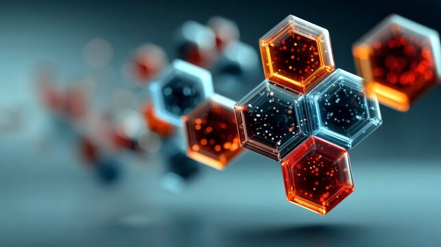 A cluster of translucent hexagonal shapes, some glowing red and others blue, with tiny particles suspended within them, against a blurred background.