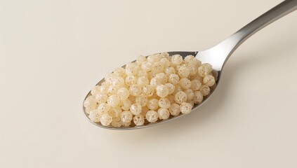 Dried organic tapioca pearls on a spoon, ingredient for cooking, fiber-dense choice