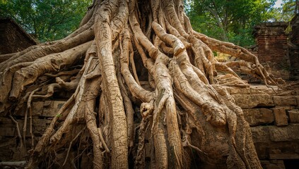 Unique root formations of a Bodhi tree spreading across walls