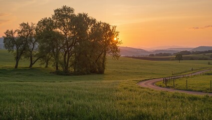 Fototapeta premium Lush trees and a grassy field during sunset with a hazy sky, natural beauty and tranquility
