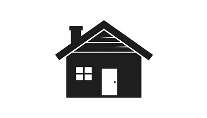 Fototapeta premium Simple black house icon with white door and window, on a white background; minimal lines create a home