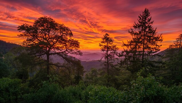 Vibrant backdrop of trees illuminated by sunset, enhancing visual appeal for design elements