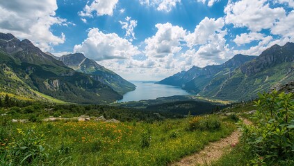 Fototapeta premium A scenic view of mountain ranges, showcasing seasonal change