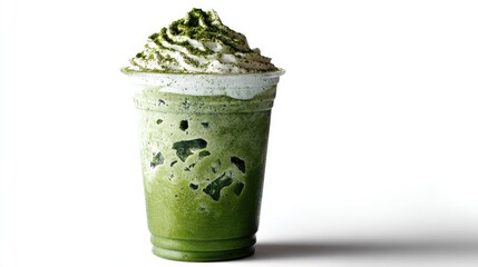 Frothy green tea beverage topped with whipped cream and powder.