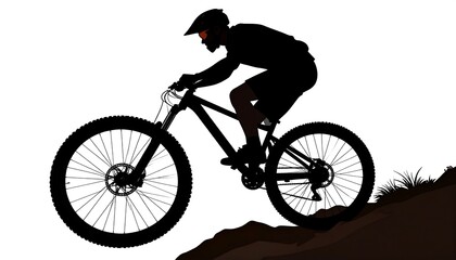 Silhouette of a person on a mountain bike in motion, traversing a hillside, isolated on a white background