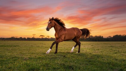 Beautiful brown horse running in the paddock at dusk