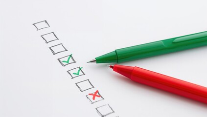 List with green and red pen on white paper, focus on editing and revision skills