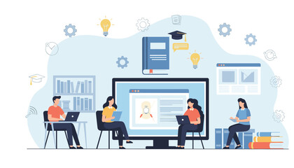 Diverse students collaborate in modern learning space, embracing digital education, brainstorming ideas, and achieving academic success