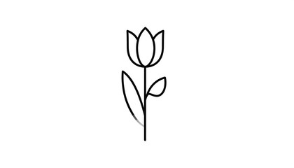 Simple minimalist line drawing of a tulip flower with a stem and two leaves, on a white background. The design is elegant and clean