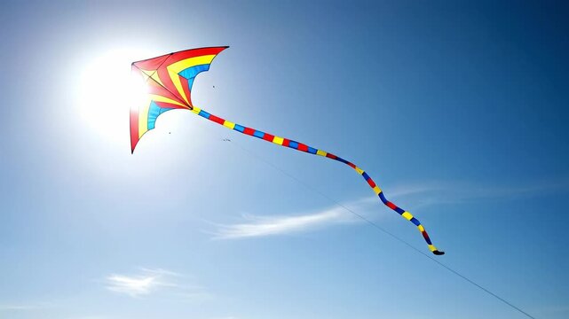 A Colorful Kite Soaring in a Bright Blue Sky Under the Sun, Showcasing Vibrant Colors and Patterns, Ideal for a Day of Outdoor Fun and Playfulness