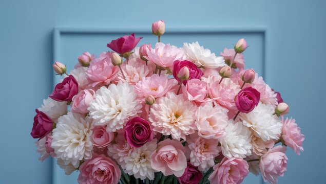 A collection of pink and white blooms arranged on a blue backdrop, vibrant floral display, suitable for editorial headers