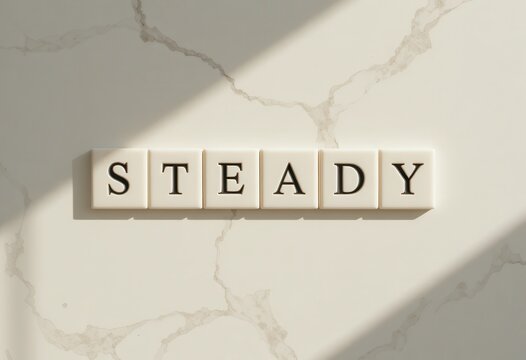 White Scrabble Tiles Arranged to Spell the Word Steady on Marble Surface