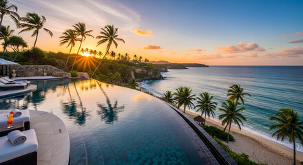 Luxury resort travel destination with infinity pool and ocean view at sunset for vacation planning