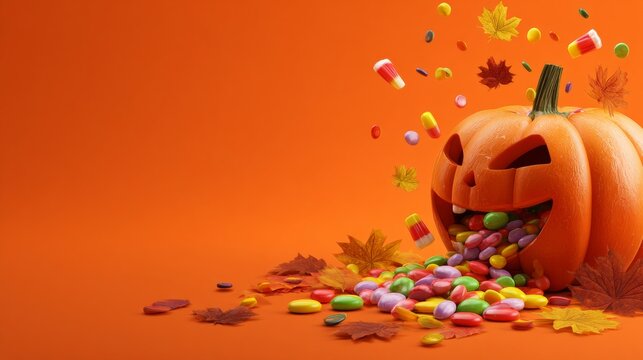 Colorful harvest: enchantment with a pumpkin candy spill. Digital artwork. Candy-laden halloween pumpkin amid autumn leaves and mini pumpkins. Visual identity. Acid colors.