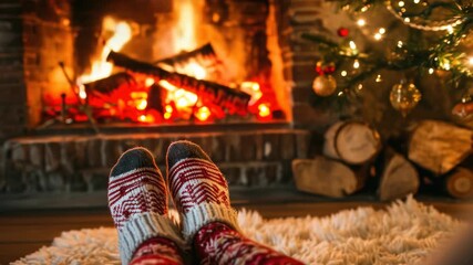 A person's feet in festive socks resting comfortably by a warmly burning fireplace on a cold winter night. - Powered by Adobe