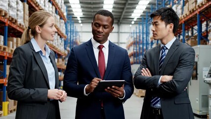 Three diverse business professionals in suits reviewing data on a tablet in a warehouse - Powered by Adobe