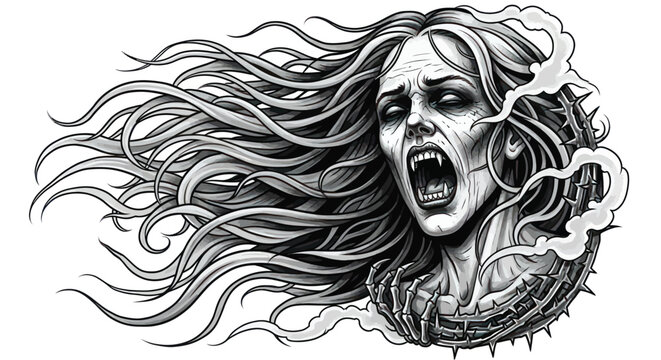 Striking monochrome artwork of a screaming woman with wild hair and thorny elements evokes horror and dark fantasy themes for edgy designs