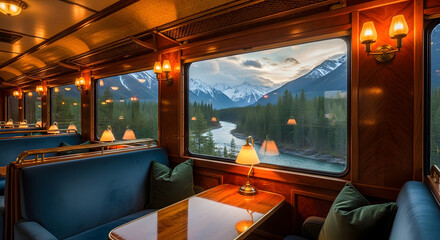 Luxury train travel scenic views of mountains and river vintage interior design for rail journey tourism
