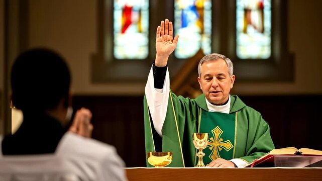 A middle-aged Caucasian male priest in green vestments performs a blessing during a religious ceremony in a church, with a congregant seated behind him in prayer posture.