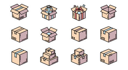Modern outline style icons representing various types of boxes, including open and closed shipping cartons, gift boxes with ribbons, and stacked packages, presented as a clean, ordered set on a white