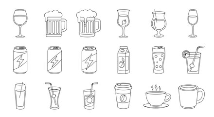Collection of Outline Symbols of Alcoholic Drinks, Energy Drinks, Soft Drinks, and Hot Beverages, Drawn with Thin Line for Apps, Websites, Banners, Infographics, and Other Design Projects, Vector