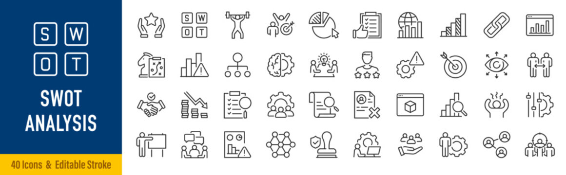 SWOT analysis web icons in line style. Strengths, planning, weaknesses, opportunities, strategy, business, strategy. Editable stroke. Vector illustration.