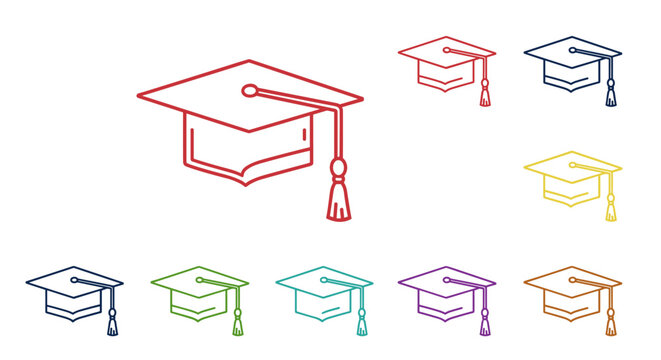 Collection of filled color icons of square academic caps, minimalistic linear pictograms for web and graphic design, apps, banners, social networks, and educational concepts. These graduation hats