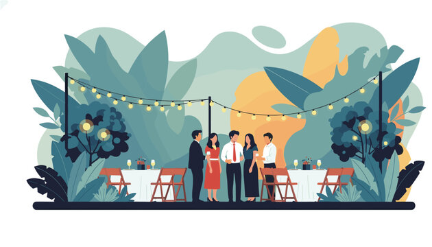 Chic outdoor gathering with elegant guests enjoying a festive evening under twinkling fairy lights and lush foliage