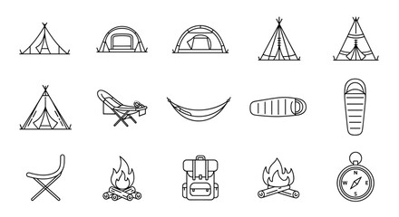 Collection of thin line icons representing camping and outdoor adventure essentials, including various tent styles, a comfortable hammock, a portable camping chair, a sleeping bag, a backpack, a