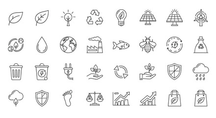 Ecology and environment sustainability thin line icon set, symbolizing nature, renewable energy, recycling, and conservation efforts. Editable vector stroke icons for digital and print use, presented