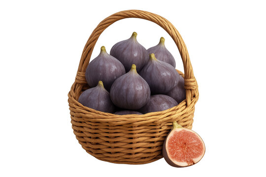 Fresh ripe common figs in wicker basket with cut fig