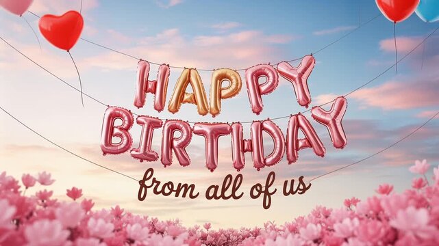 Festive happy birthday from all of us with hearts and balloons