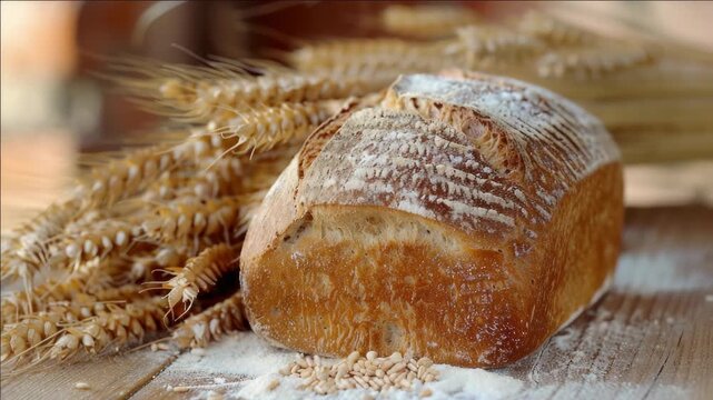 A loaf of freshly baked bread sitting atop flour-covered wooden table next to a pile of wheat kernels.