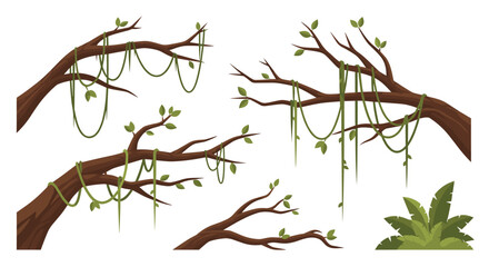 Vibrant jungle vines cascade from thick tree branches creating an adventurous and exotic natural environment for exploration and discovery