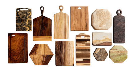 Title: Collection of Wooden Cutting Boards in Unique Shapes on White Background
