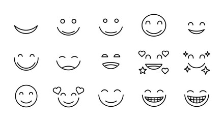Fototapeta premium Collection of simple, isolated line icons representing various smileys and facial expressions, perfect for web, books, cards, and apps. Editable stroke vector cartoon illustrations on a white