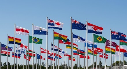 Collection of National Flags Flying High Against a Clear Blue Sky.
