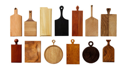 Title: Collection of Wooden Cutting Boards in Unique Shapes on White Background