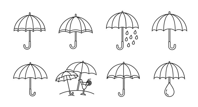 Collection of eight thin line art umbrella icons, perfect for web, books, cards, and apps. This vector cartoon illustration features various umbrella designs, including rain, beach, and single drops