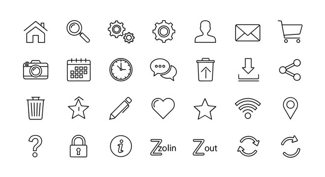 A comprehensive collection of essential web icons, meticulously designed in a clean, ordered line art style on a crisp white background, perfect for user interfaces, applications, and digital design