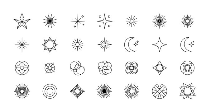 Collection of abstract geometric icons and symbols on a white background, featuring stars, sparkling elements, different shapes, a crescent moon with stars, and a sun, all rendered in a clean