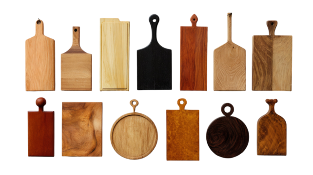 Title: Collection of Wooden Cutting Boards in Unique Shapes on White Background