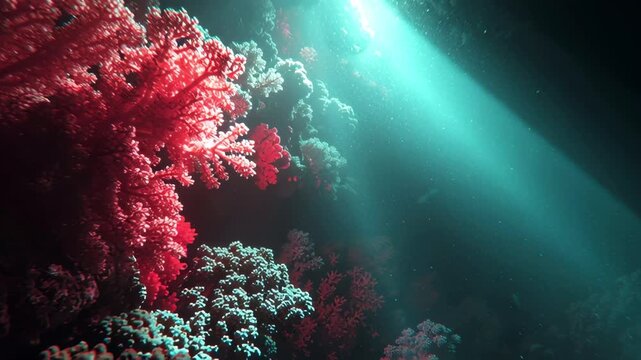 Beautiful underwater scene with rays of sunlight piercing the deep blue abyss, illuminating colorful corals and creating a magical ocean atmosphere.
