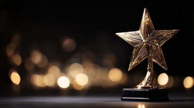 Golden star shaped achievement award sits upon a dark base with blurred warm lights in the background