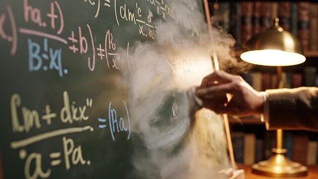 Chalkboard in a study den, formulas layered and smudged, eraser dust rises in slow plumes