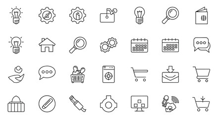 A comprehensive collection of simple, isolated line icons suitable for web, books, cards, and apps, featuring editable strokes and a clean white background for versatile graphic design applications.