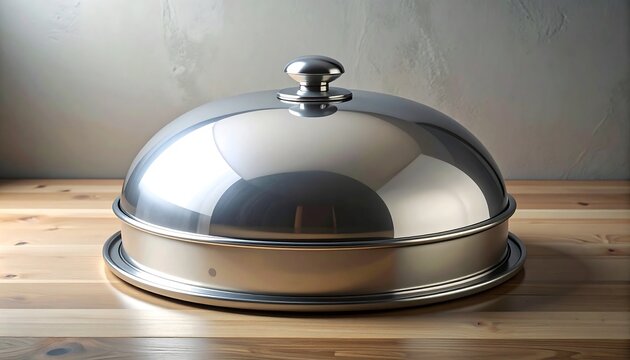 Shiny, metallic, domed serving dish on a wooden surface, with a smooth, reflective finish. Light reflects across the rounded lid