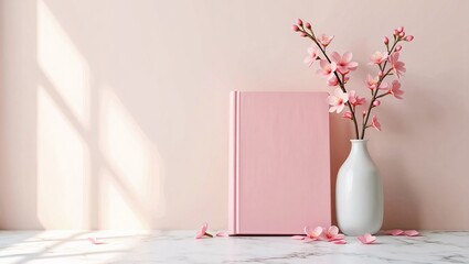 Soft pink aesthetic with cherry blossoms and a blank book on a marble surface