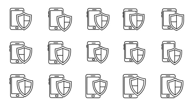Mobile phone protection icon, shield symbol overlaying a smartphone outline, representing digital security, data privacy, and app safety. Clean vector illustration for web design, graphic elements